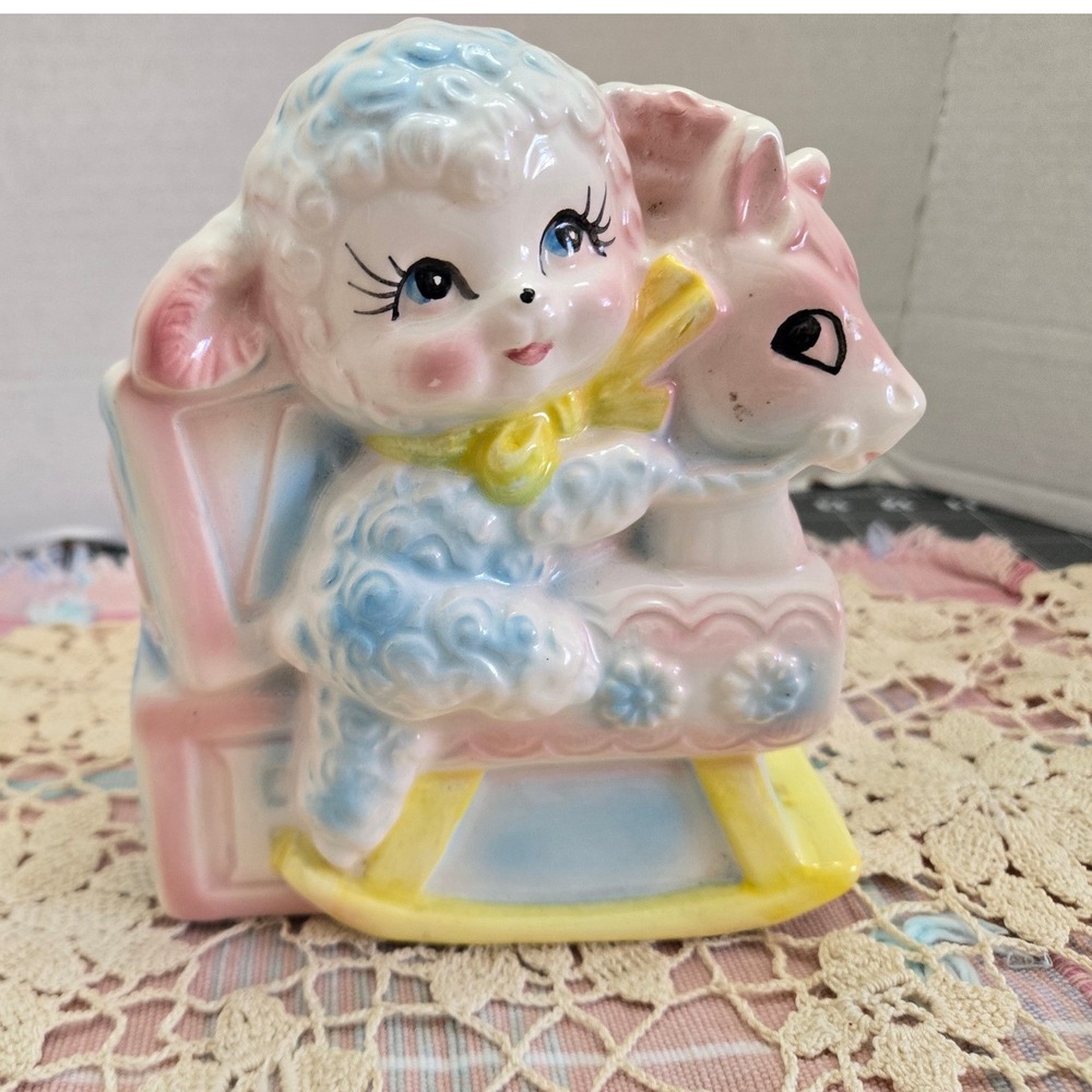Vintage Lamb Rocking Horse Planter Nursery ABC Blocks Pink Blue - Picture 9 of 9